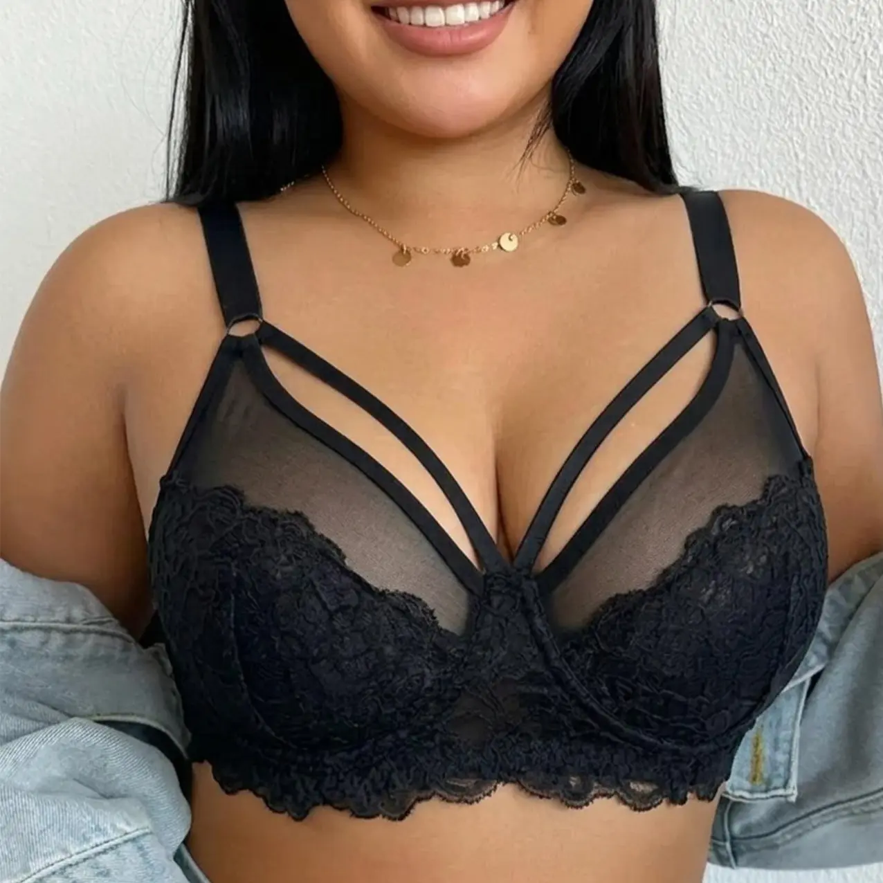 Plus Size Lace Bohemian Minimizer Bra - Wireless Unlined Full Coverage, Front Strap Detail, Large Bust Support for Everyday Wear, 1 Piece