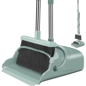 Upgraded broom and dustpan set, large size with long handle, upright design, very suitable for use in indoor and outdoor areas such as garages, kitchens, rooms, offices, and halls (green)