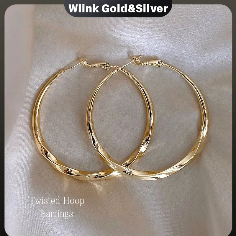 Women's Chunky Jewelry Twisted Gold Hoop Earrings, 1.97" Large Size Geometric Twist Statement Hoops, Glossy Lightweight Metal, Secure Clasp, Daily Wear Costume Earrings
