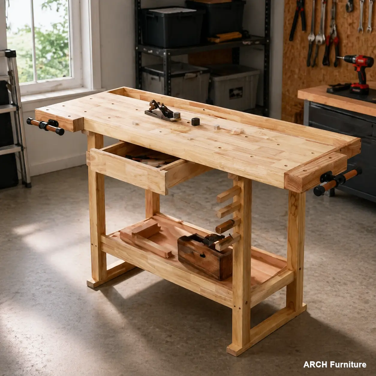 55-Inch Rubberwood Heavy Duty Workbench Table - Large Grooved Top, Smooth Sliding Drawers for Garage, Home Workshop Tool Organization, Heavy Duty Table