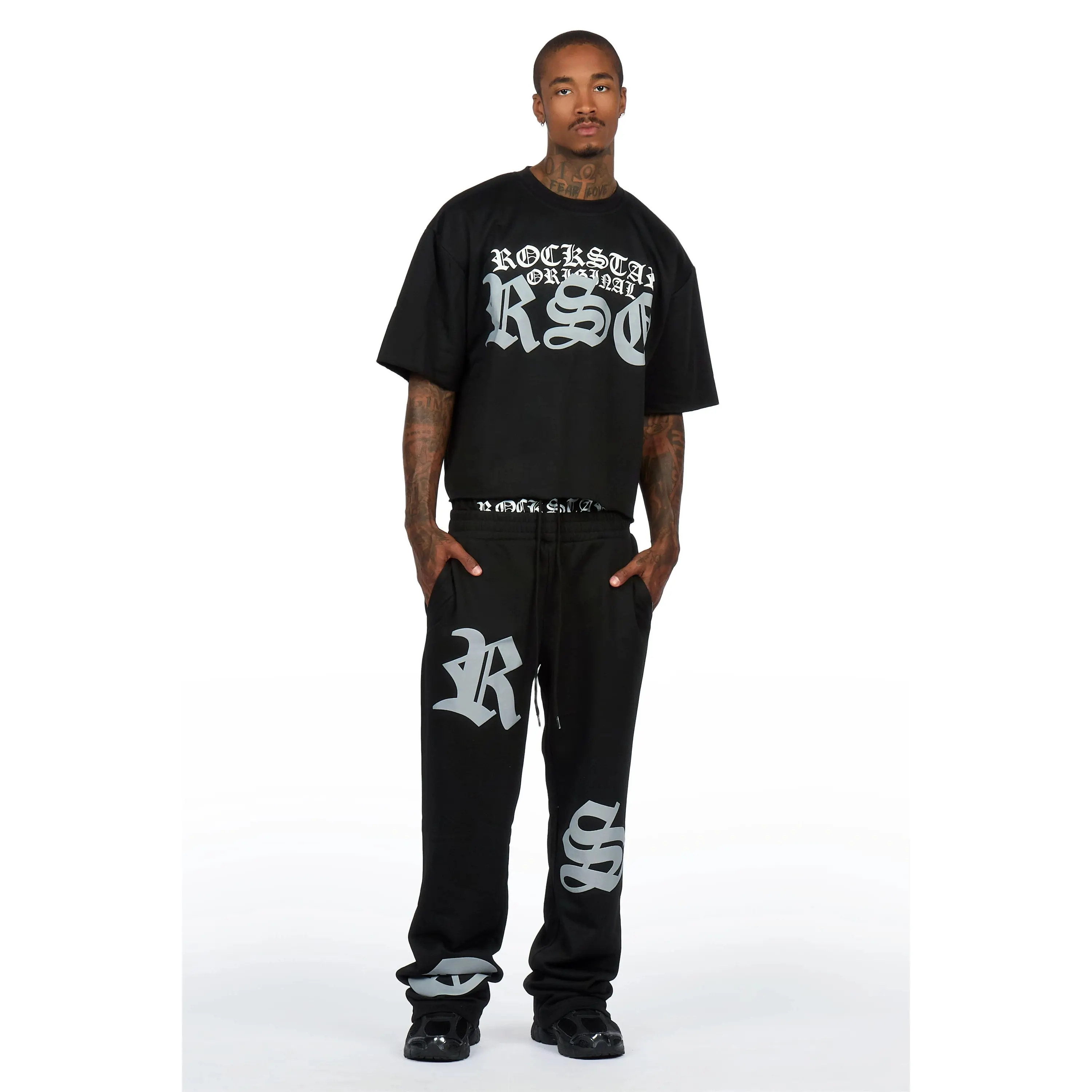 Burke Black Chenille Patch Boxy Tee/Double Waistband Pant Track Set