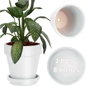 8 Inch White Clay & Terracotta Pots for  with Saucer - 2 Pack Large Ceramic Terra Cotta Planter with Drainage Hole, Clay Flower Pot with Tray for Indoor Outdoor
