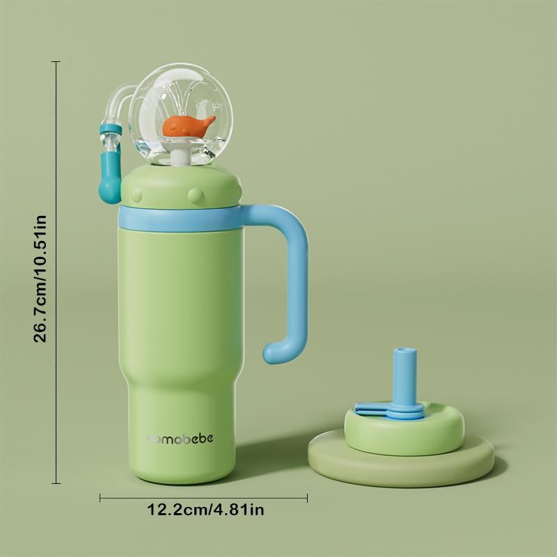 【COMOBEBE】24oz Stainless Steel Whale Fountain Tumbler – Spill-Proof, Dual Lids, Durable Handle, Dishwasher Safe, Cute and Fun for Kids & Adults