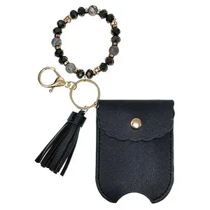 Vegan Leather Refillable Mini Hand Sanitizer Bottle Keychain Ring Clip Holder & Tassel - Black Gift Set for Women