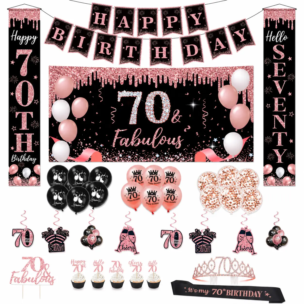 70th Birthday Decorations for Women, Rose Gold 70 Year Old Birthday Backdrop, Happy Birthday Banner, Backdrop