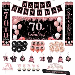 70th Birthday Decorations for Women, Rose Gold 70 Year Old Birthday Backdrop, Happy Birthday Banner, Backdrop