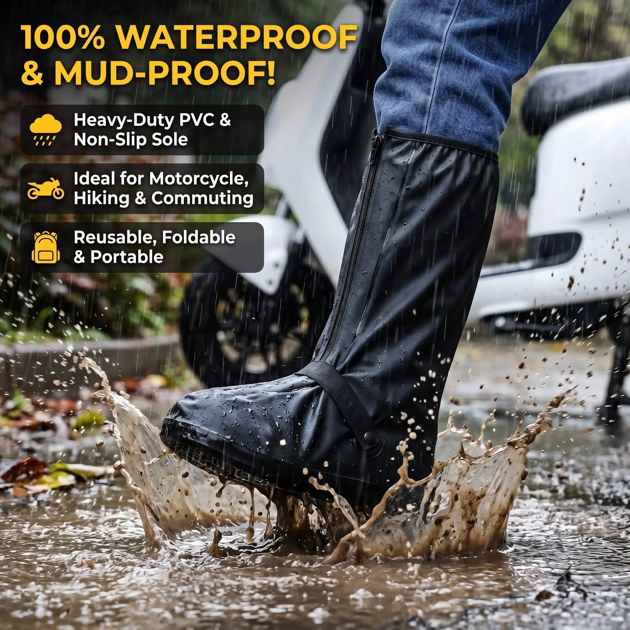 Reusable PVC Rain Boot Covers - Waterproof, Non-Slip Work Safety Overshoes for Rain, Hiking, Cycling, Foldable Black Rainproof Protectors