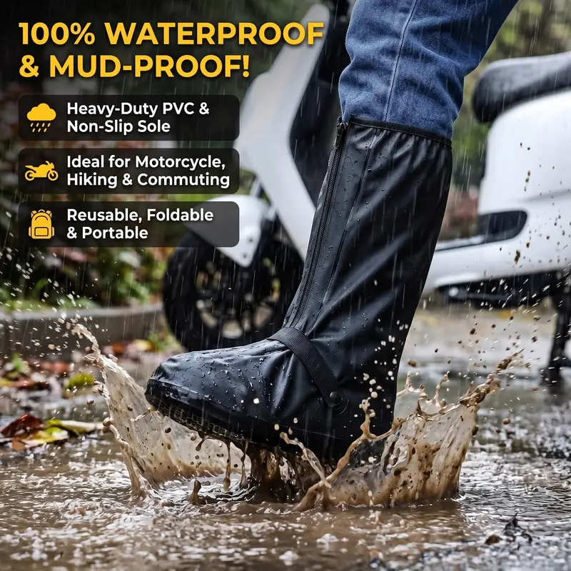 Waterproof Rain Boot Shoe Covers with Zipper, Reusable Non-Slip Overshoes for Motorcycle Commuting Delivery Work, Sneakers Boots Protector, Cubre Zapatos Impermeables