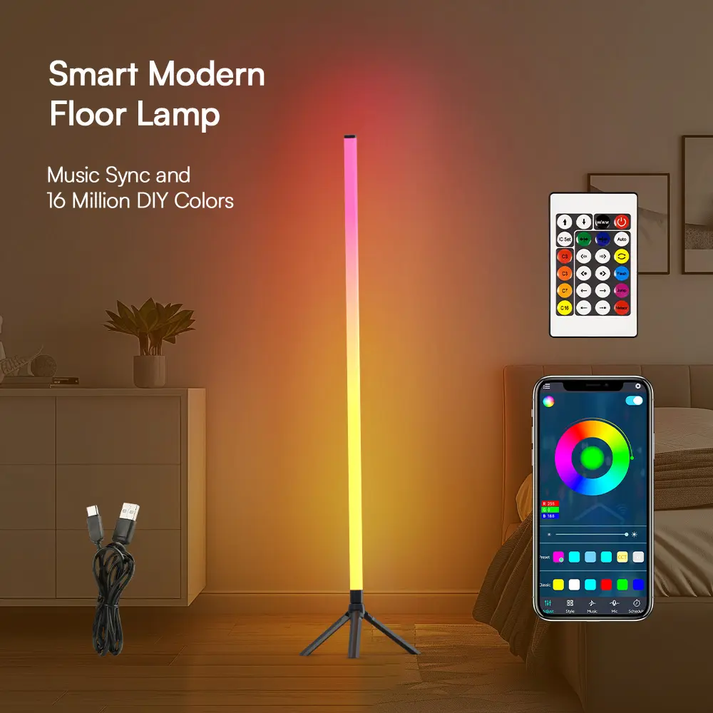 RGB LED Corner Floor Lamp - DIY Standing Mood Light with Music Sync, 16M Colors, 15 Dynamic Modes, App & Remote Control, for Living Room, Gaming Room
