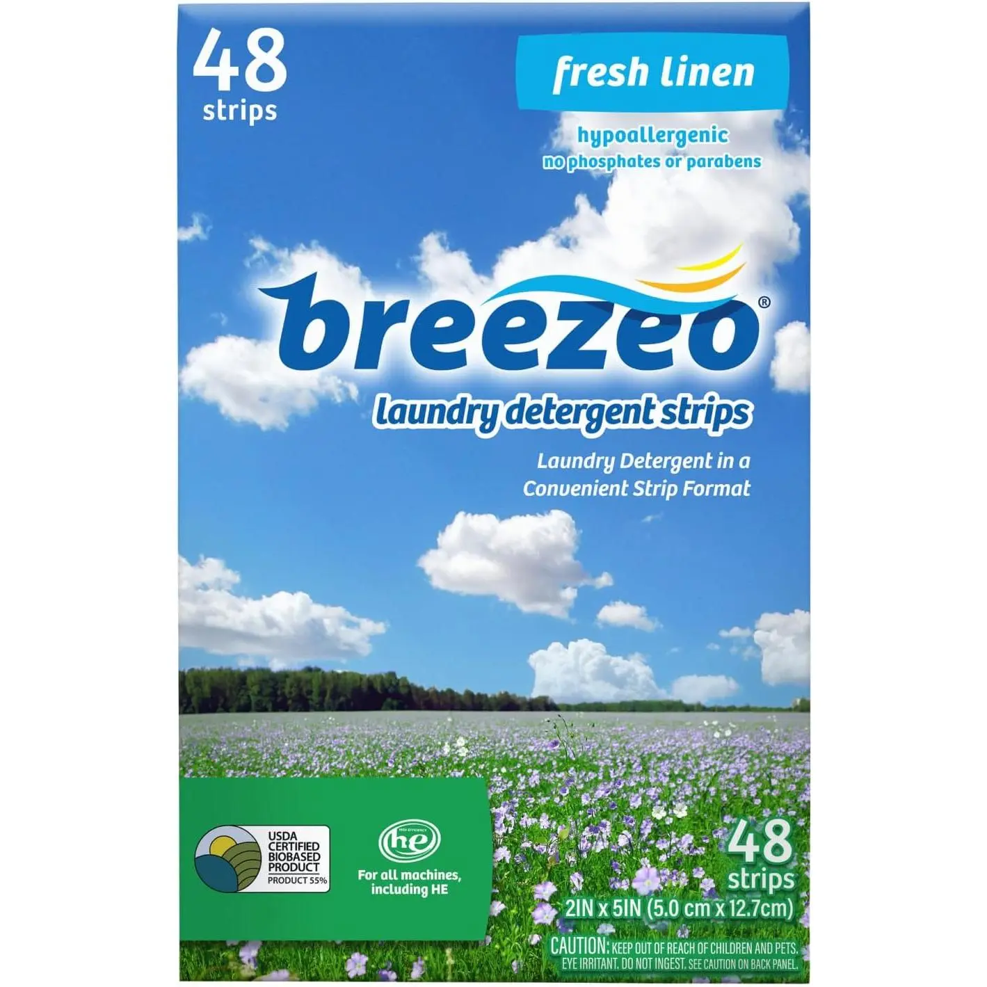 Breezeo Laundry Detergent Strips (48 strips) - Fresh Linen Scent - More Convenient than Pods, Pacs, Liquids or Powders – Great for Home, Dorm, Travel, Camping & Hand-Washing