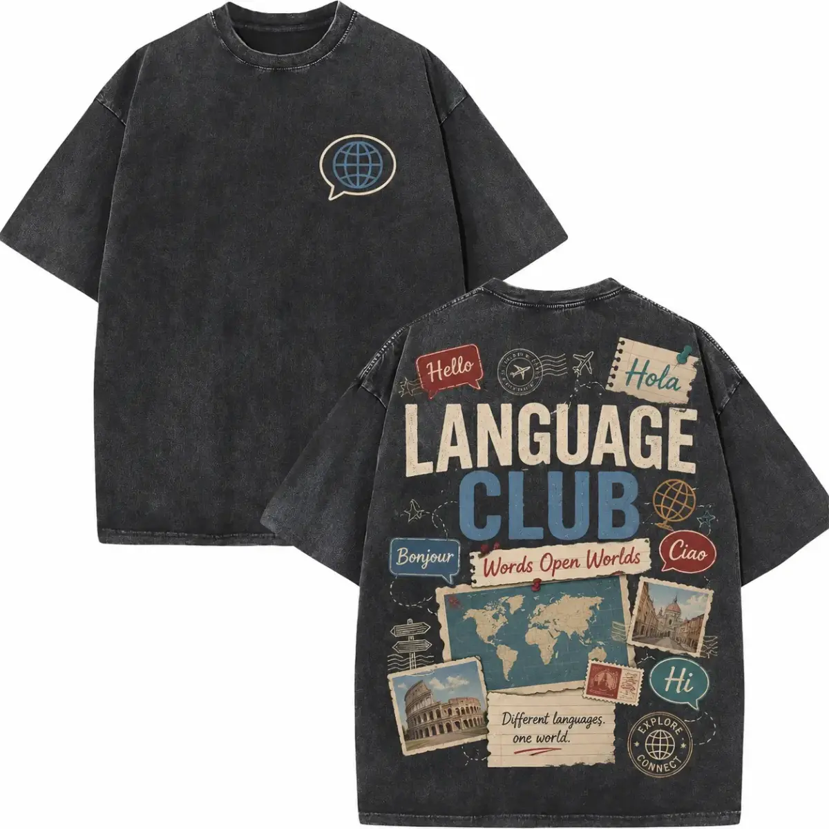 Vintage Washed Language Club Words Open Worlds Shirt, Vintage World Map Multilingual Greeting Postcard Stamp Tee, Language Learner Global Travel T-shirt