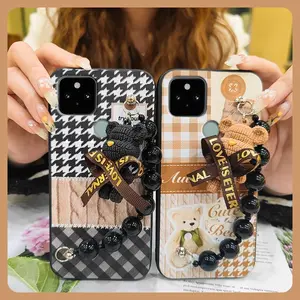 Skin-friendly feel silicone Phone Case For Google Pixel 5 Anti-knock protective case Cartoon cute soft case Waterproof Black pearl pendant Back Cover Bear bracelet Simplicity