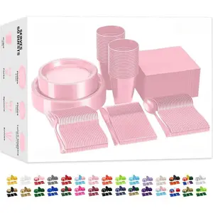350 Pcs Pink Plastic Plates For Party, Pink Disposable Plates Set, 50 Of Each 9" Dinner Plate Set, 7" Dessert Plate, Cups, Napkins & Cutlery Plastic Dinnerware Exquisite Utensils Pack
