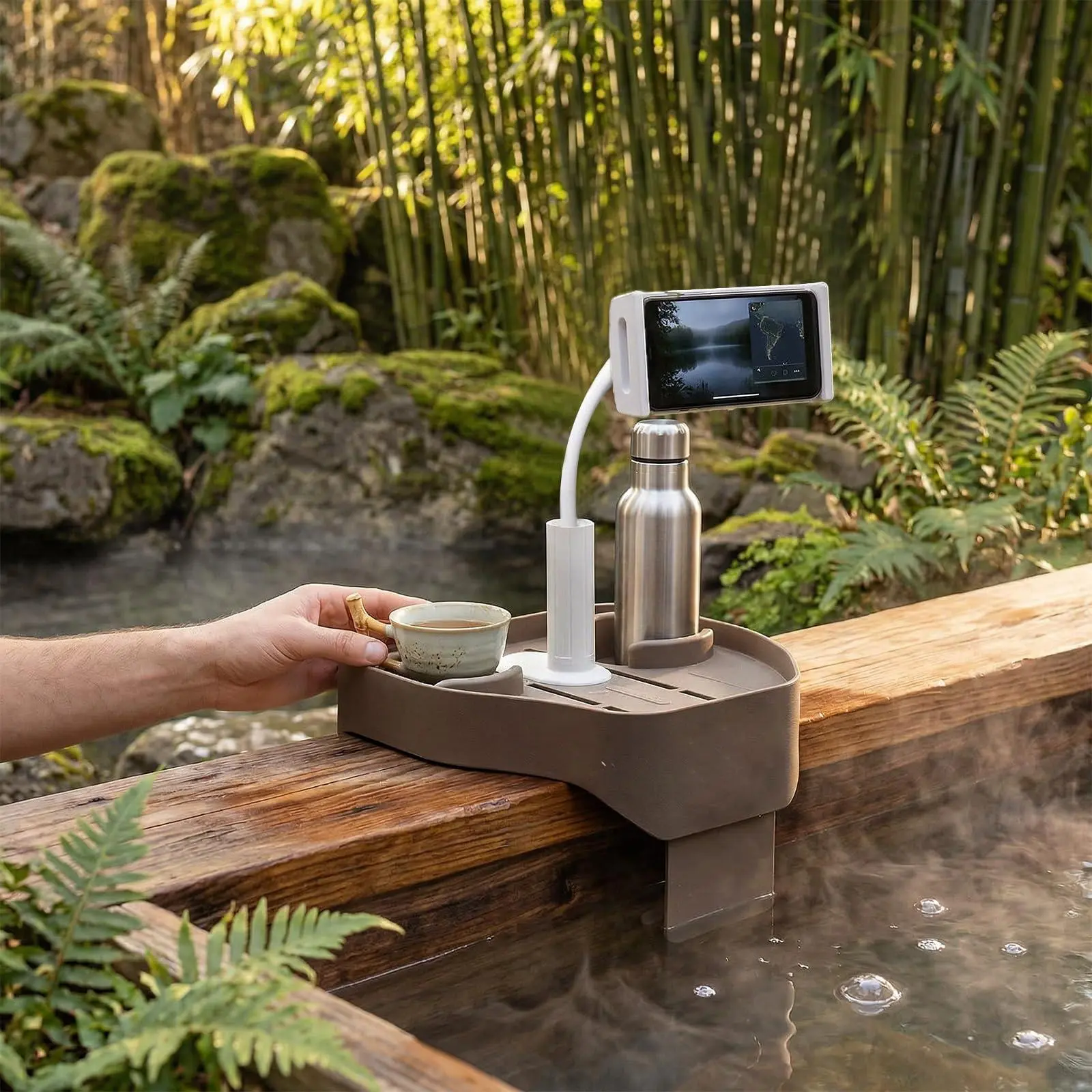 Adjustable Hot Tub Tray with Non-Slip Phone Holder | Waterproof Spa Side Caddy, 2 Cup Holders for Drinks Snacks, Durable Plastic Poolside Organizer, Tool-Free Install, Cinnamon