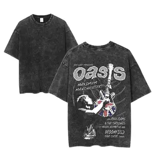 Oasis Maximum Manchester Graphic Tee, Vintage Rock Concert Shirt, Union Jack Guitar Design, Retro Rock Band Tee, Double-Sided Graphic Design, Casual Streetwear, Unisex Cotton Shirt