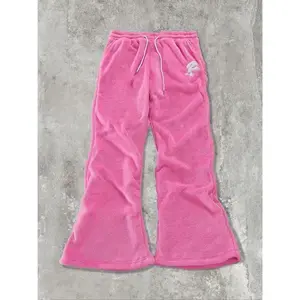 Unisex solid-color fuzzy sweatpants with letter embroidery and a drawstring waist; thermal, warm, casual, and comfortable; pocket design; flare-leg trousers for daily wear; unisex bottoms for all seasons; baggy jogging pants.