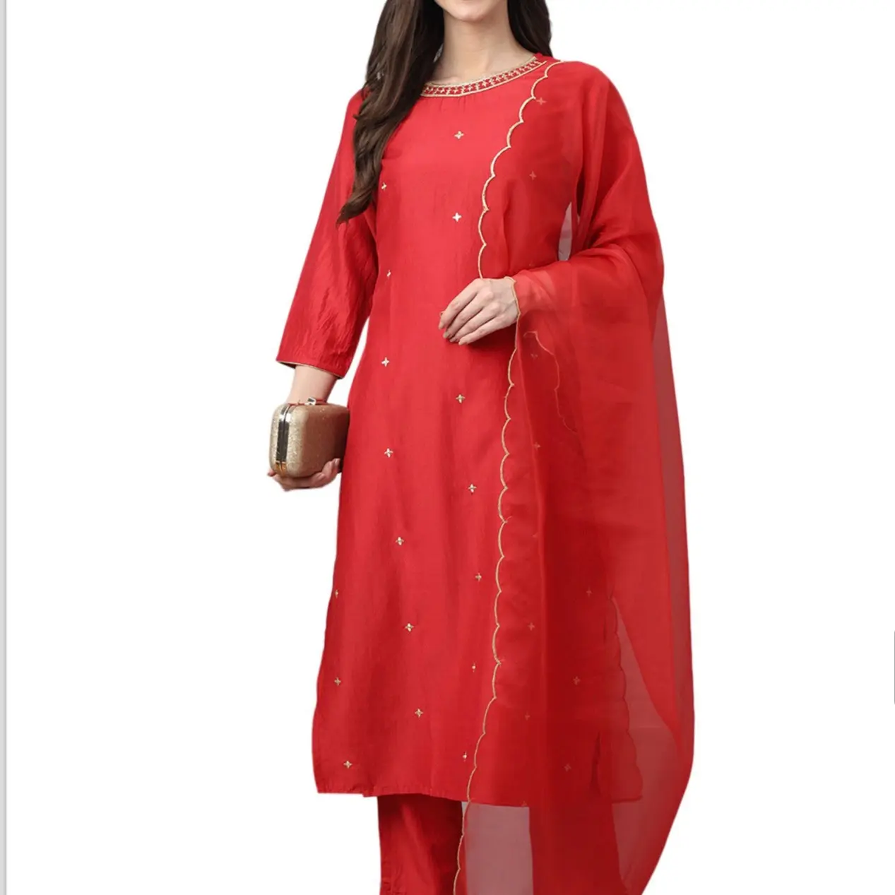 Elegant Red and Green chinon kurta salwar with Dupatta set