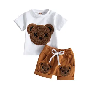 Baby Boys Summer Clothes Outfits Cartoon Bear Pattern Short Sleeve T-shirt and Casual Elastic Shorts Set