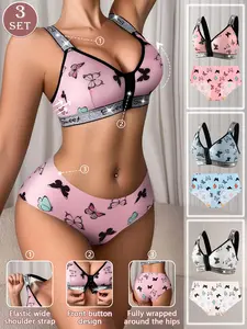 Women's Butterfly Print Underwire Bra Set, Front Buckle Design, Wide Shoulder Straps, Comfortable Fit, All-Season Wear