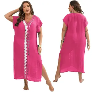 Women's Plus Size Swimsuit Cover up Kaftan, Casual V Neck Beach Dress, Lightweight Loose Bathing Suit Cover Up for Pool Beach