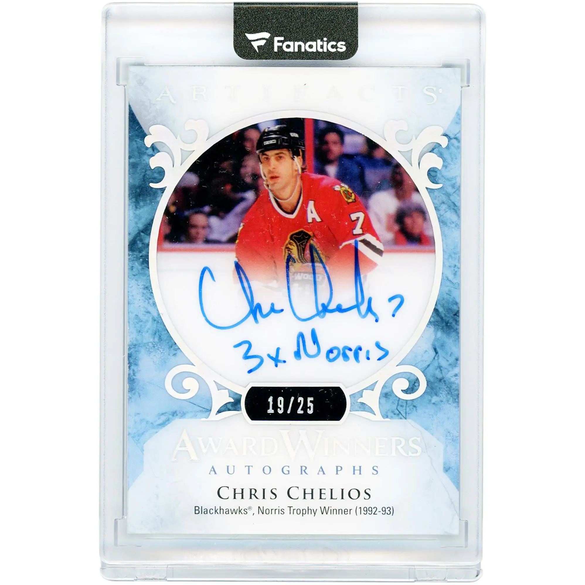 Chris Chelios Chicago Blackhawks Autographed 2023-24 Upper Deck Artifacts Award Winners #AWA-CC #19/25 Card with "3X Norris" Inscription - Fanatics Authentic Certified