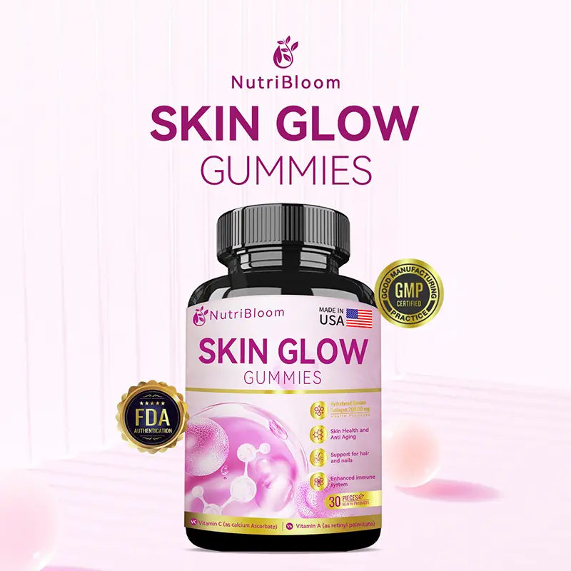 NutriBloom Skin Glow Gummies for Luminous Complexion, Strong Hair & Nails with Hydrolyzed Collagen, Biotin, KSM-66 Ashwagandha, Vitamins A, C, E, CoQ-10, Zinc & BioPerine for Healthy Beauty & Fitness