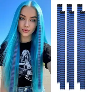6 Pcs Scene Hair Extensions Clip in Blue Striped Hairpiece 20 inch Synthetic Feather Hair Extensions Long Straight Colorful Striped Hairpieces for Girl Women Cosplay Christmas Party Halloween Use