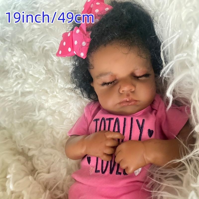 19 Inch/49CM Real Mini Size Hand Rooted Curly Hair Newborn Dolls, Dark Brown Skin, Soft Touch Handmade Dolls, Halloween/Thanksgiving Day/Christmas Gift