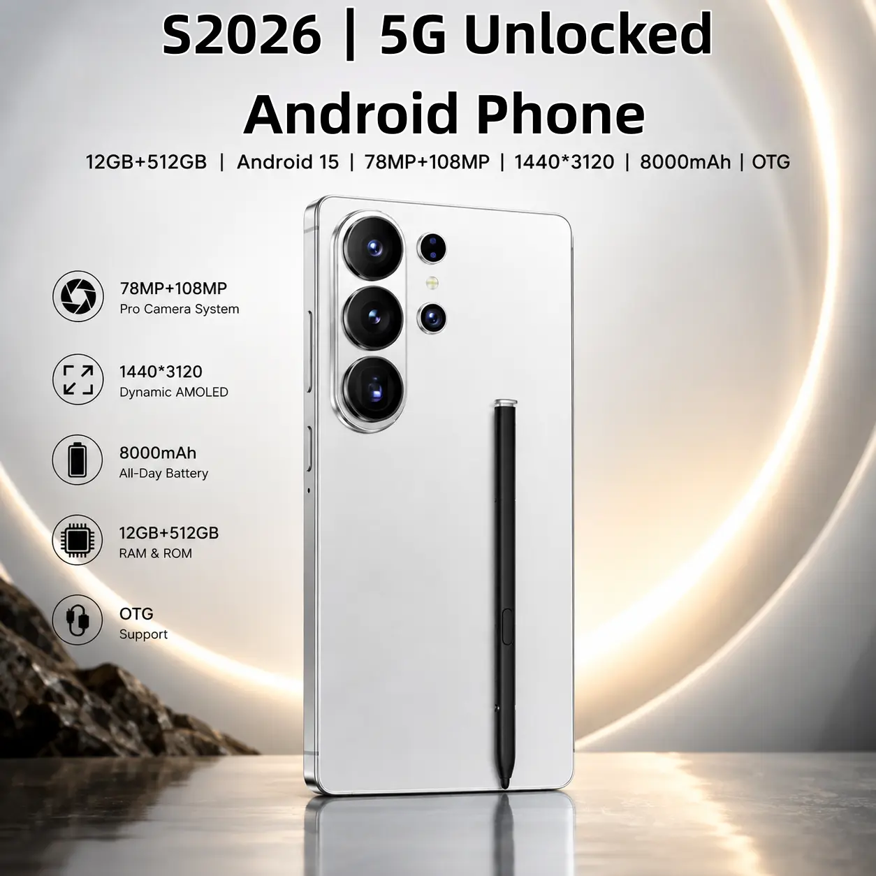 2026 S2026 Unlocked 5G Smartphone, 6.99in HD Visual Screen, 12GB RAM+512GB ROM, 78MP Front & 108MP Rear Camera, 8000mAh Battery, Dual-SIM Slot, Built-in Stylus, Face Unlock for Daily Use