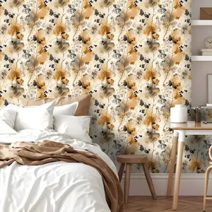 Artistic Watercolor Ink Style Wallpaper in and Floral Design, Autumn Aesthetic Peel and Stick Removable Wall Decor, Waterproof and Moisture-Proof for Living Room Bedroom Kitchen