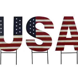 Metal USA Yard Stakes Patriotic Garden Stakes American Flag Yard Sign Decor Letters Lawn Stake 3 Piece Outdoor 4th of July Independence Day Memorial Day Yard Decor for Outside 16 Inch Tall