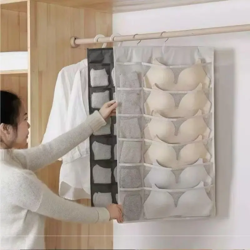 Double-Sided Storage Hanging Bag for Home Dormitory, Underwear Socks Short Pants Bra Organizer, Multi-Compartment Closet Hanger