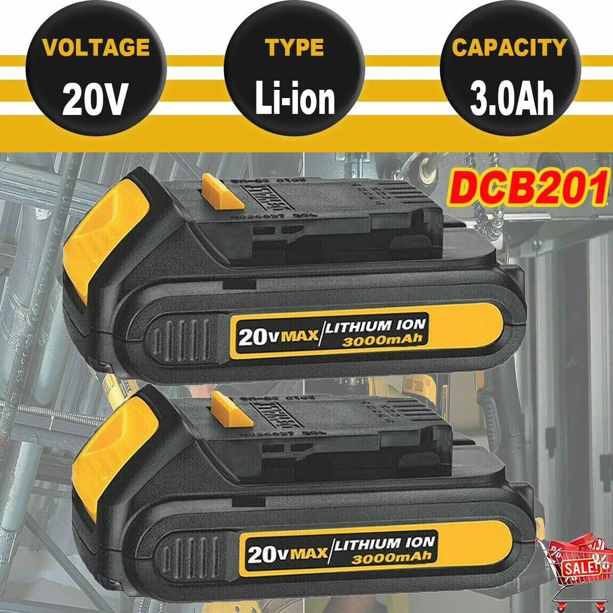 2-Pack Rechargeable Cordless Tools Batteries - 20V Max Compact 3.0Ah Lithium-Ion Pack with 3-LED Fuel Gauge, 2 x 18V 3.0Ah Li-Ion for DEWALT DCB201, DCB203 Power Tools
