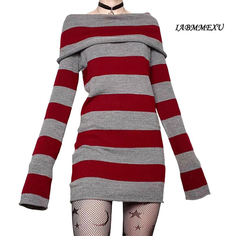 (influencer-approved) Women Gothic Dress Punk Off Shoulder Striped Knit Dress Y2k Fairy Grunge Dress Halloween Dark Academia Clothes Casual Long Sleeve comfortable  dress Summer Black Light Polyester Womenswear Boat Bodycon Check