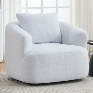 360° Swivel Round Upholstered Comfy Chair With One Soft Pillow, Teddy Fleece High-Resilience Sponge Single Sofa, No Assembly For Living Room, Bedroom, Apartment, White/Blue/Lihgt Gray