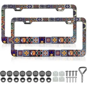 Mexican Tiles License Plate Frames - 2 Pack Mandala Boho License Plate Frame for Women Men, Universal Accessories License Plate Cute Aluminum Car Tag Frames for Women Men US Vehicles