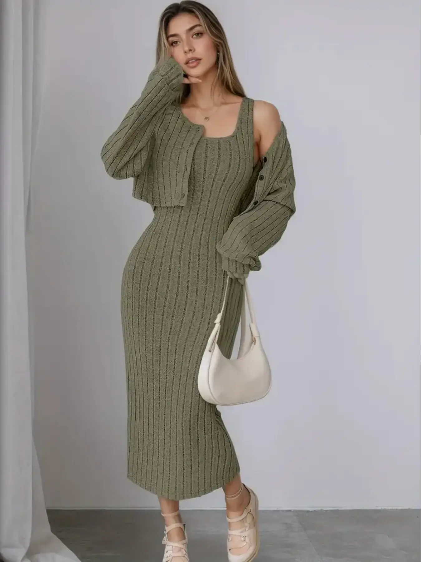 [Slimming Women's Dress for Spring and Autumn] Off-shoulder maxi dress + fitted cardigan two-piece set. Essential for work, dates, and commuting. Elegant and classy women's clothing. Vest dress set. Casual Chic Fitted