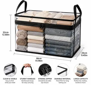 Large Clear Storage Bag with Handles, Transparent Closet Organizer, Foldable Blanket Storage Container, Zipper Clothing Organizer for Bedding, Towels and Seasonal Items
