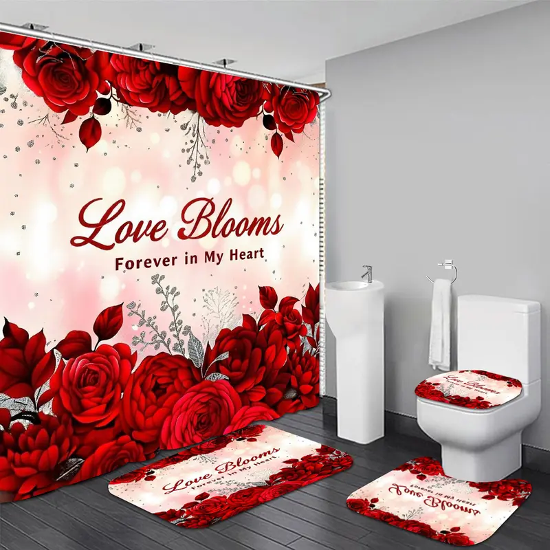 4PC Red Rose Pattern Valentine's Day Gift 12 Hooks And Shower Curtain U-shaped MatsFloor Mats, And Toilet Seat Covers For Bathrooms Quick Drying Machine Washable Home Bathroom Decor Shower Curtain Sets for Bathroom