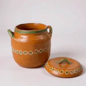 Food Safe Mexican Clay Bean Pot W/Lid, Olla De barro Frijolera Decorada Con Tapa, Cazuela Tradicional Large Cookware Traditional Classic, (1-1.25Gallon) (Olla Toluca) (Made In Mexico)