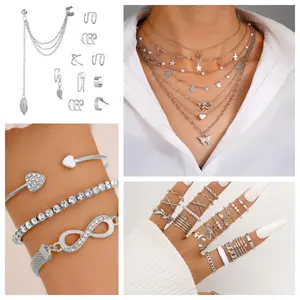 41 PCS Silver Jewelry Set with 7 PCS Necklace,3 PCS Bracelet, 10 PCS Earring Hooks, 21 PCS Ring for Women, Elegant Lady, Casual Daily