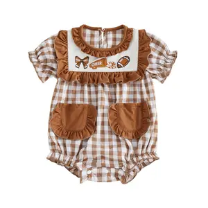 Infant Baby Girl Bubble Romper Summer Puff Short Sleeve Football Rugby Embroidery Plaid Print Ruffle Trim Jumpsuit 0-18 Months