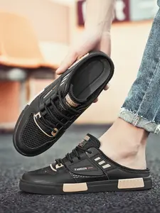 Plus Size Men's Black-White Bamboo Pattern Mule Sneakers, Chinese Style Light Cool Style, Leather Paneling + Mule Slip-On Design + Bamboo Pattern Decor, Chinese Style Eye-Catching, Ideal for Plus Size Men's Daily Leisure & Light Outings Walking Shoes