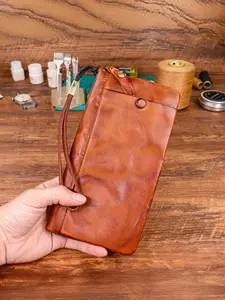 Vintage Top Leather Handmade Large Capacity Wallet, Long Zipper Multi-Functional Tanned Genuine Leather Clutch Bag for Men and Women