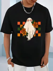 100% Cotton UnisexGroovy Ghost Hippie Halloween Spooky Vibes T-Shirt， men's autumn short-sleeved shirt, featuring maple leaf and Thanksgiving Halloween prints
