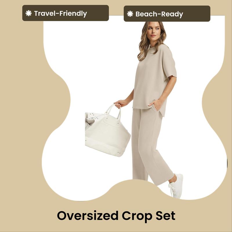 OFEEFAN Two Piece Sets for Women Summer Outfits Oversized Wide Leg Crop Pants Lounge Sets Airport Beach Vacation Clothes |(Size Up 1-2 for Oversized Look) Casual Shortsleeve