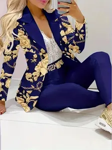 2025 new ladies' elegant high-end floral print, chain print slim fit suit set, machine washable, stylish for all seasons