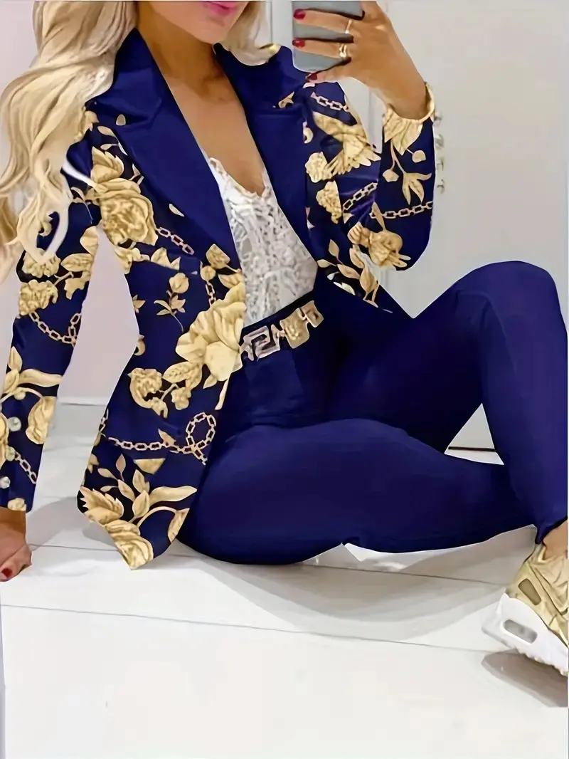 2025 new ladies' elegant high-end floral print, chain print slim fit suit set, machine washable, stylish for all seasons