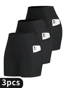 3pcs Women's Solid Color Cycling Exercise Shorts, Breathable Comfortable Sports Gym Shorts for Yoga Workout, Ladies Sportswear for All Seasons