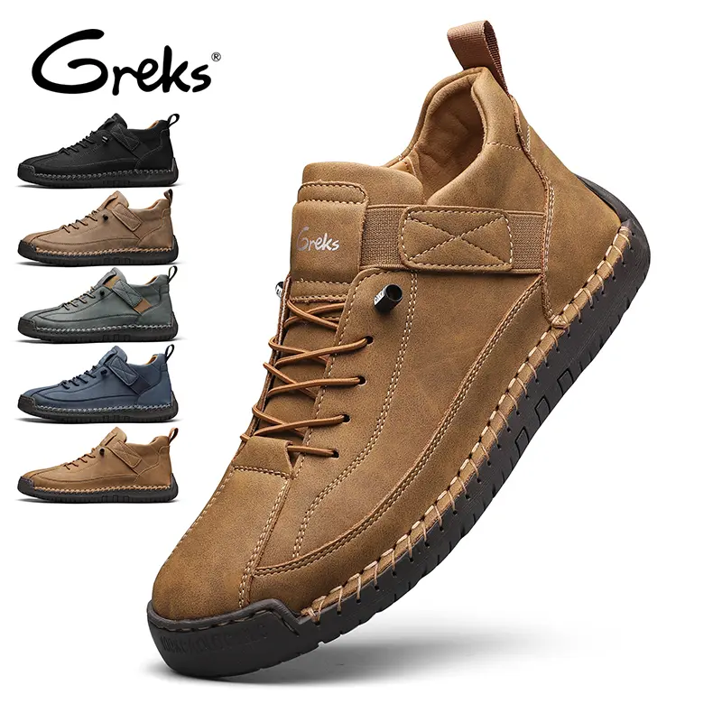 GREKS Men's Fashion Slip-On Ankle Boots Easy On/Off Decorative Laces Casual Versatile Stitched Solid Color